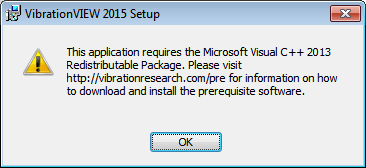 VibrationVIEW 2015 requires the Microsoft Visual C++ 2013 Redistributable Package